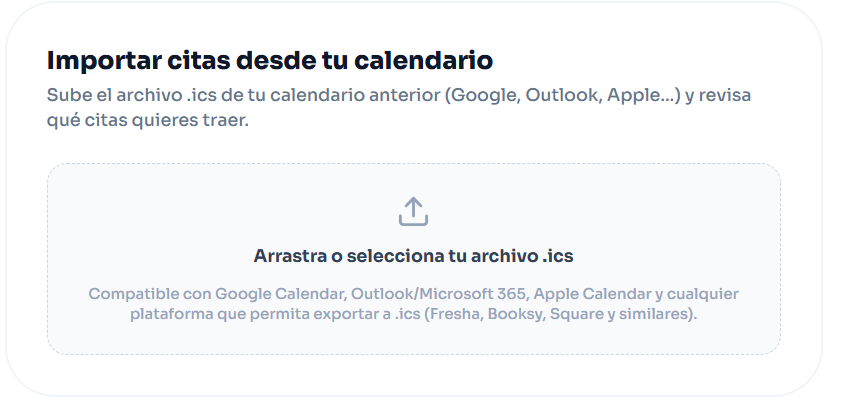 Pantalla de importación de citas desde archivo .ics en el onboarding de CitaVoz