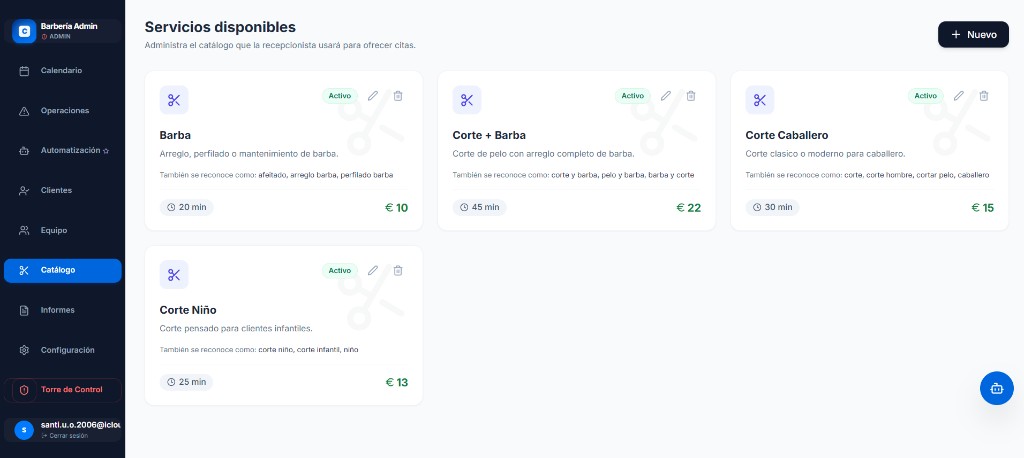 Catálogo de servicios de CitaVoz con duración, precio y sinónimos
