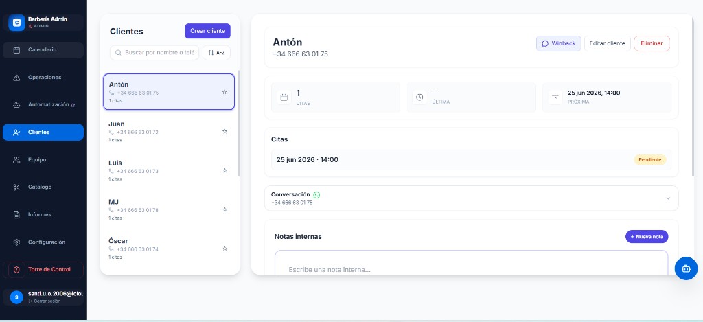 Vista de clientes de CitaVoz con historial y detalle de cita