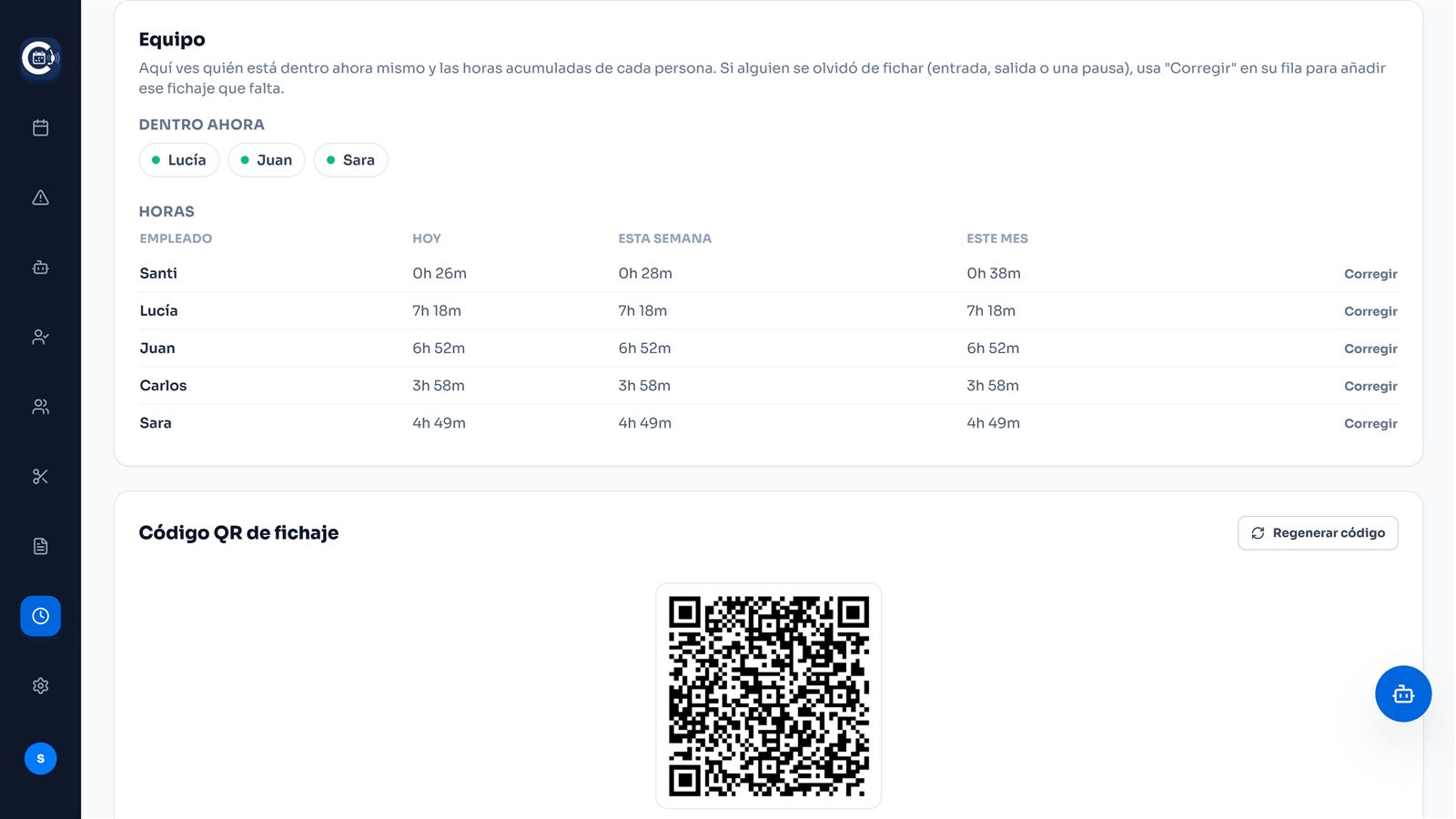 Pestaña de jornada de CitaVoz con fichajes del equipo